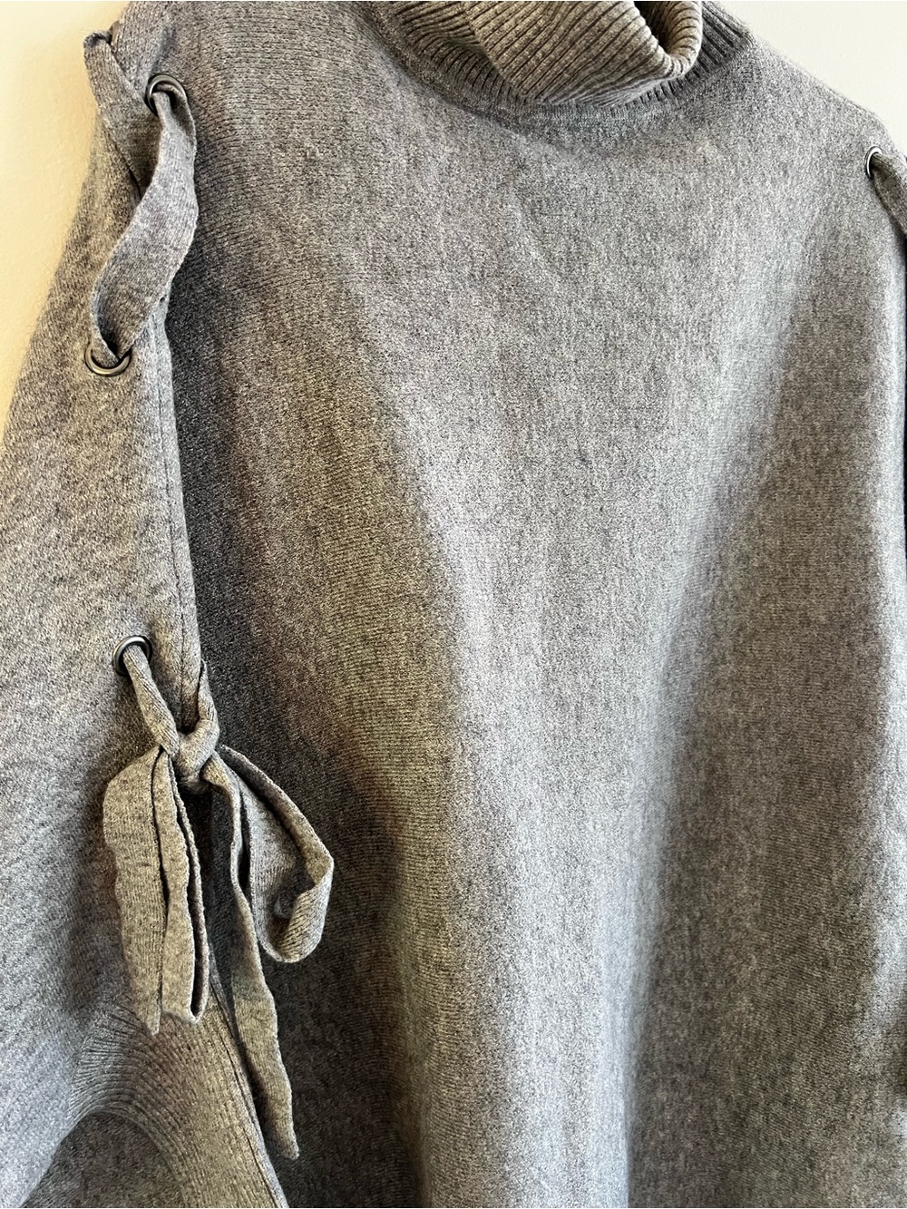 Love Token Gray Turtleneck Fringe Poncho with Side Ties - Picture 2 of 8